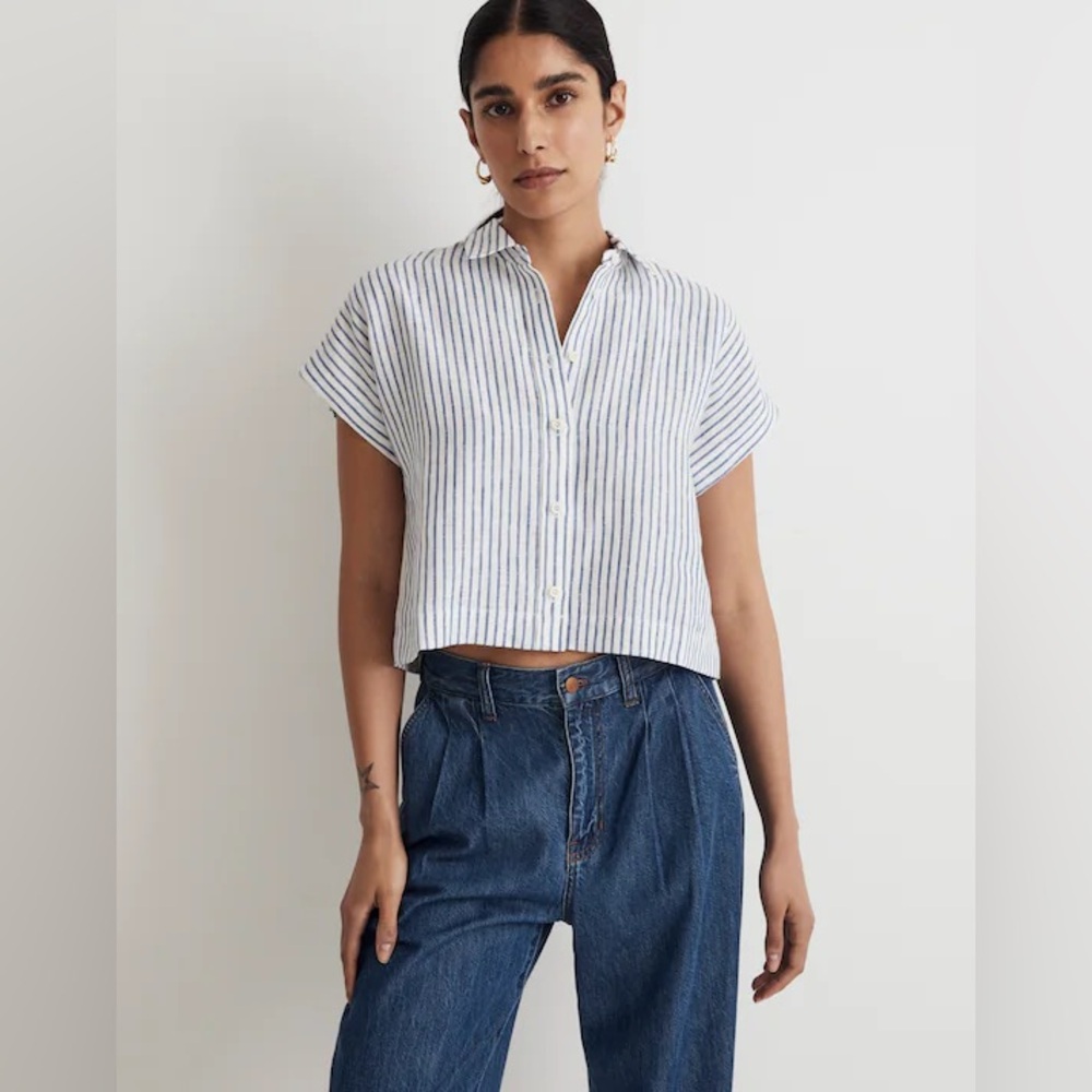 Madewell 100% Dolman Linen Women’s Shirt Size XXS Blue & White